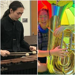 Collage of two photos, Lucas playing marimba and Lucas holding a tuba