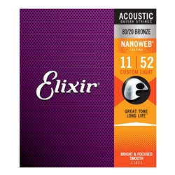 Elixir 11027 80/20 Bronze Custom Light Gauge Acoustic Guitar Strings 11-52
